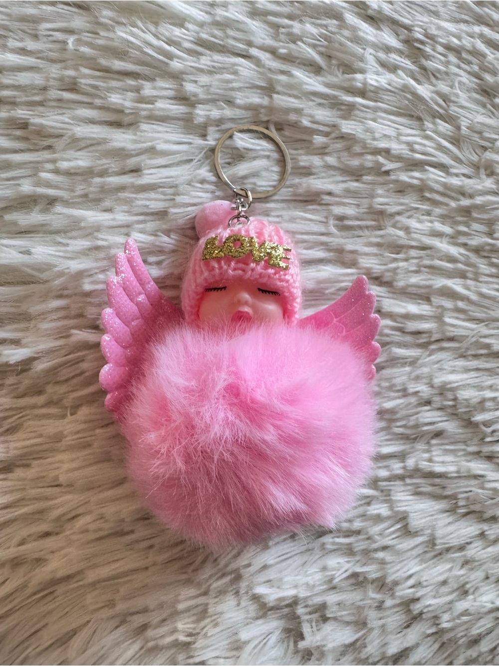 Pink Plush baby Angel Pom-Pom Keychain bag charm with shiny wings